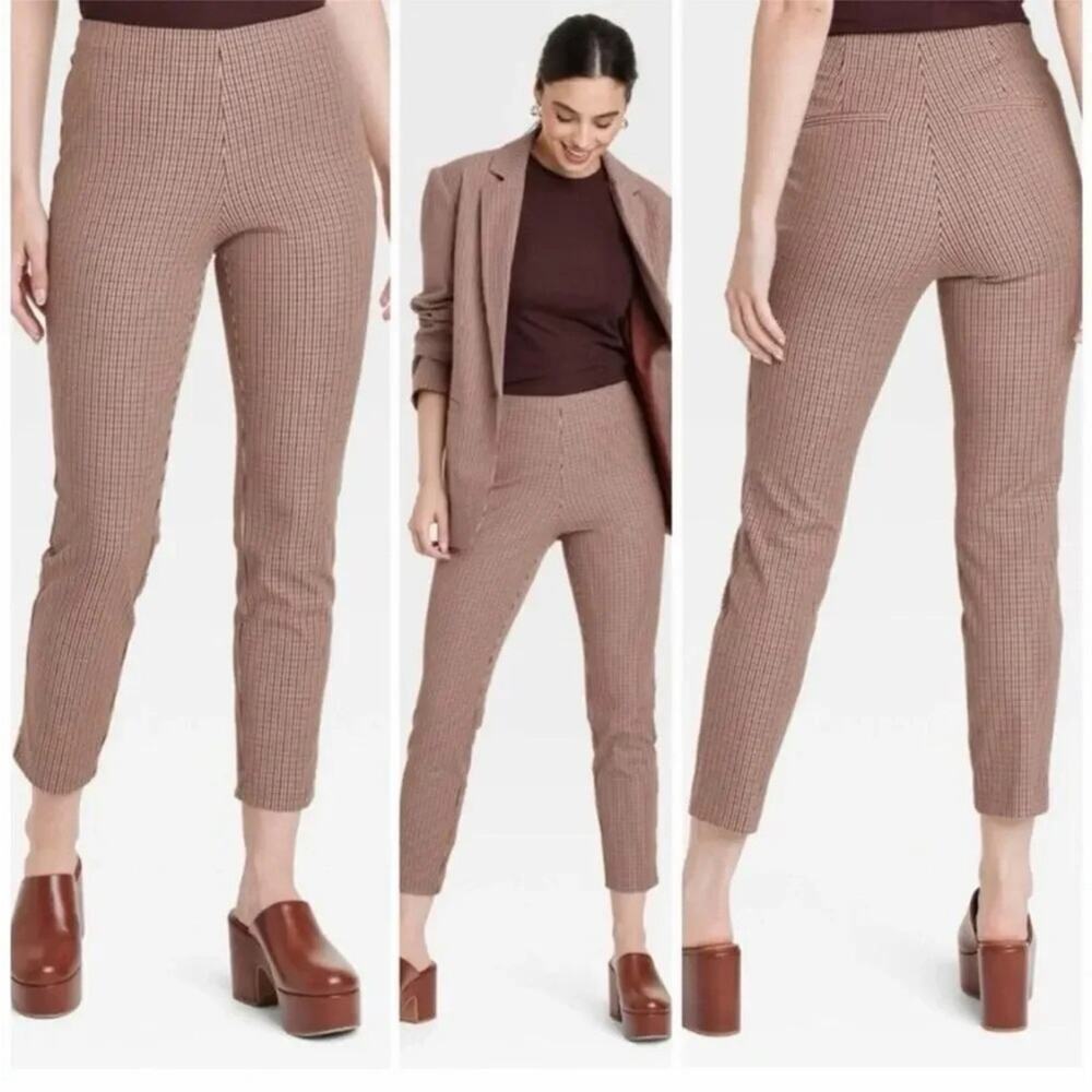a new day Women's Tan Checkered Ankle Pants